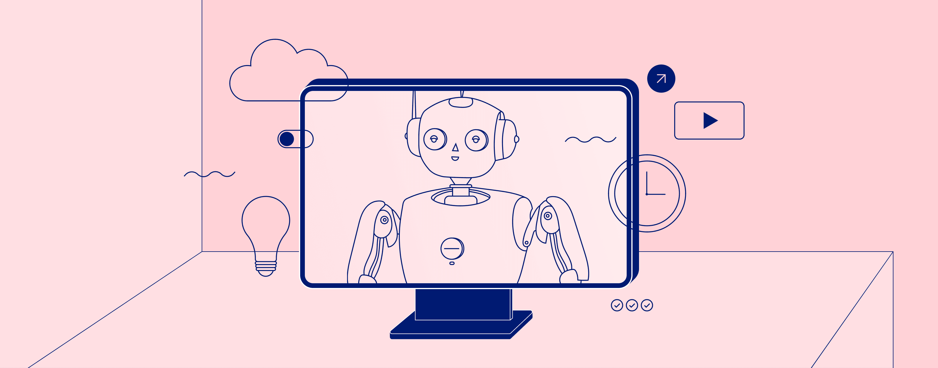 Robot on a monitor in a room with clock and play icons