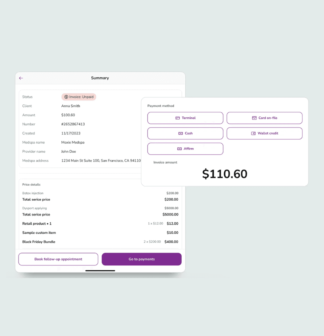 Moxie appointment details screen with product notes and a checkout button