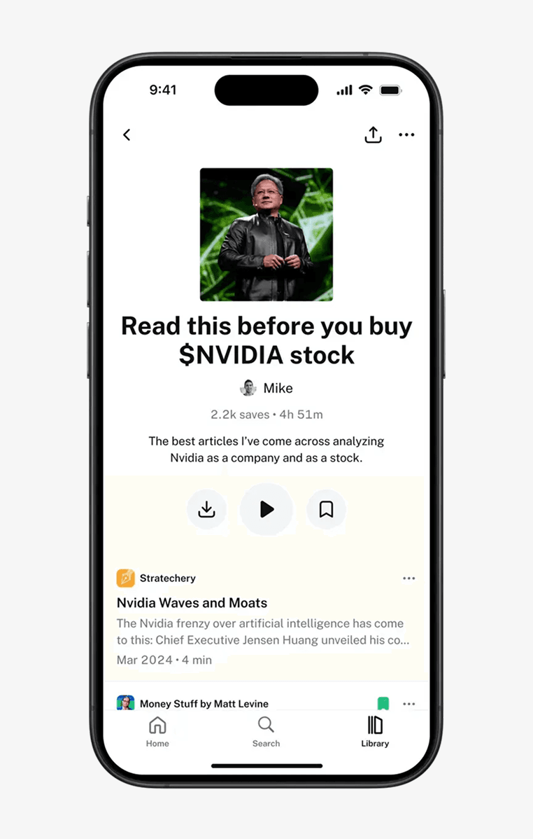Perch saved collection screen titled 'Read this before you buy $NVIDIA stock'