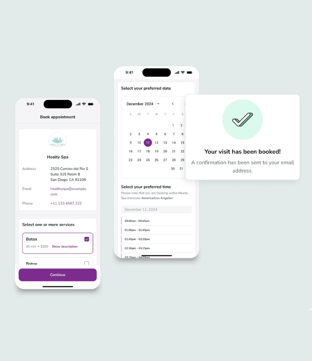 Moxie booking flow with appointment confirmation on mobile screens