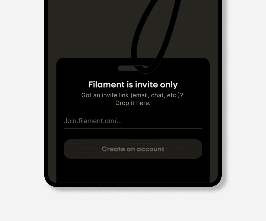 Filament invite-only signup screen with a field for an invite link and a disabled create account button