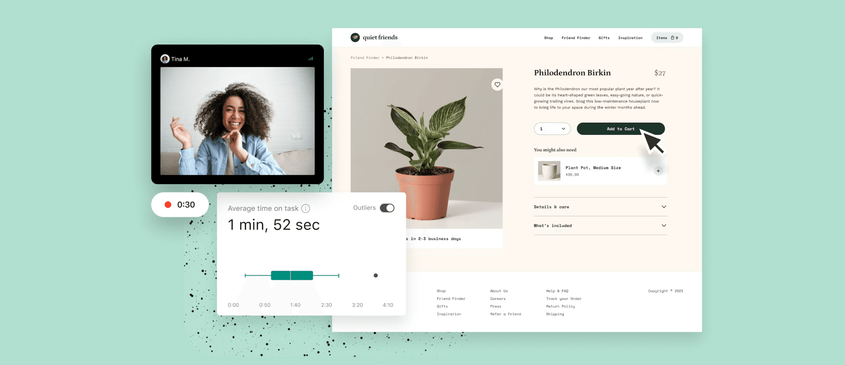 Video interview screen next to an ecommerce product page and an average time on task analytics card
