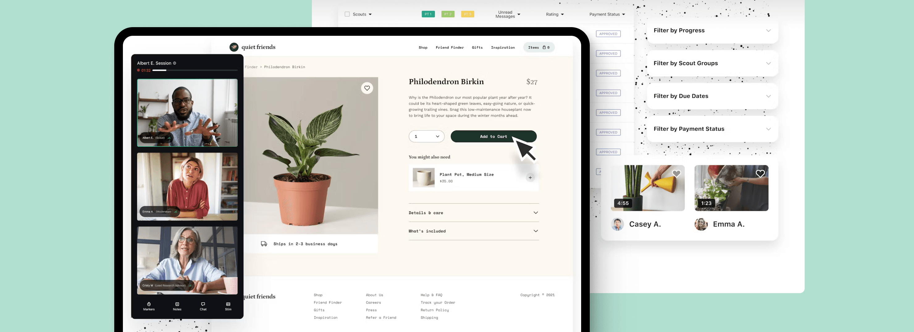 Participant video call panel over a plant product page with response filters and video thumbnails