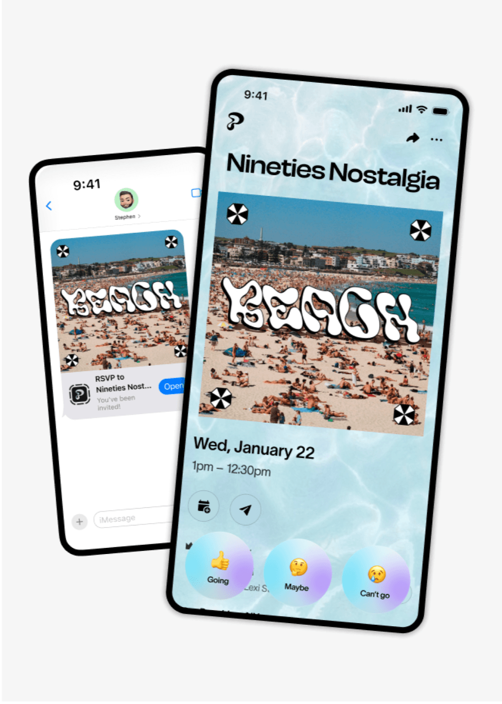 Partiful event invite mockup showing a beach-themed "Nineties Nostalgia" event with RSVP options and an invitation message preview