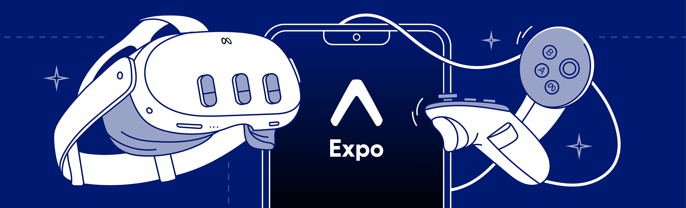 Meta Quest headset and controller in front of a phone with the Expo logo