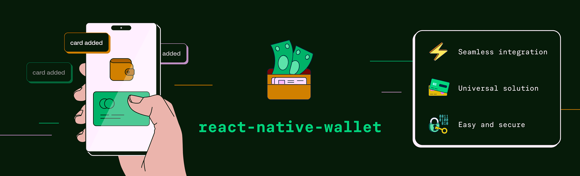 react-native-wallet illustration with a phone, wallet, and feature list