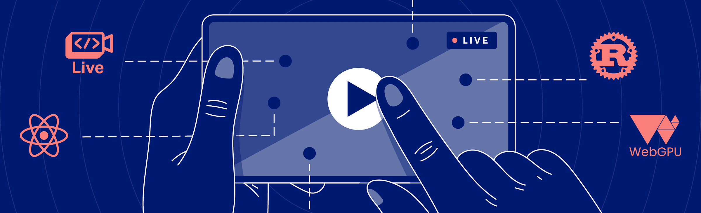 Hands tapping a live video player with React, Rust, Live, and WebGPU icons around it