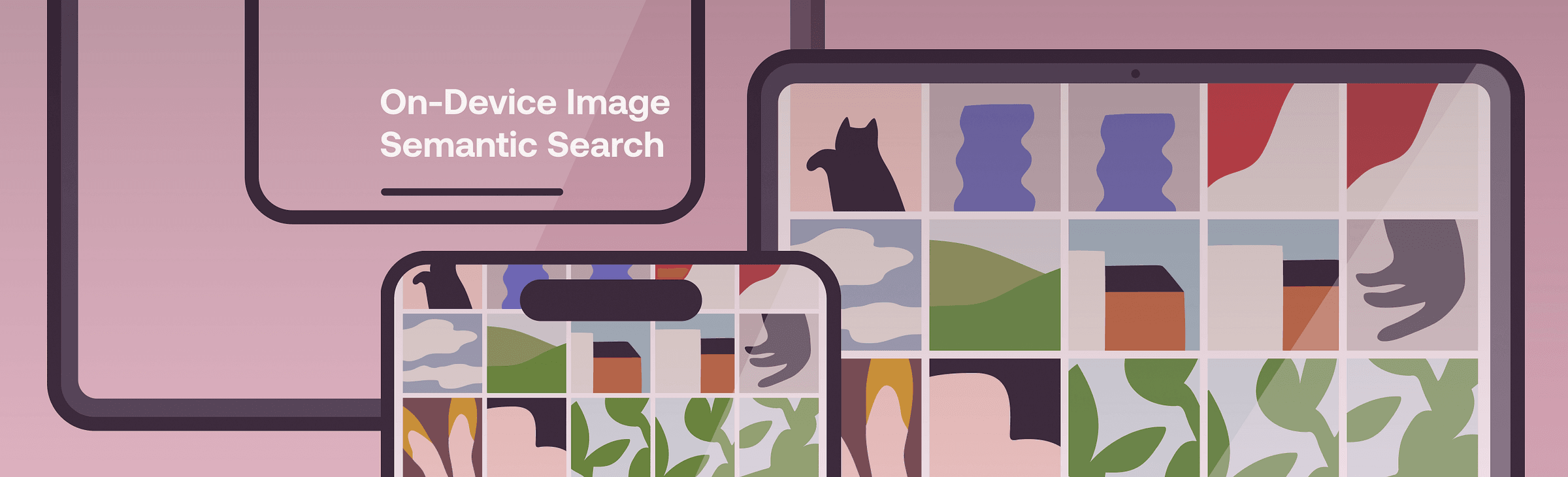 On-device image semantic search graphic with a phone and tablet showing a photo grid