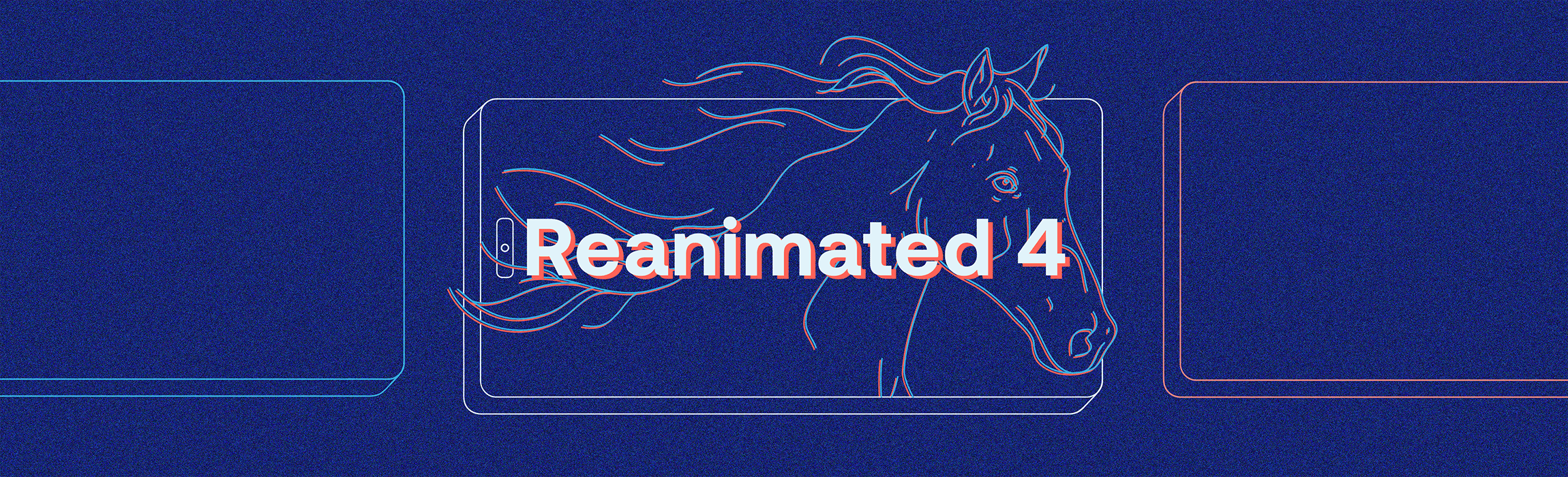 Reanimated 4 title over a phone outline with a line-art horse