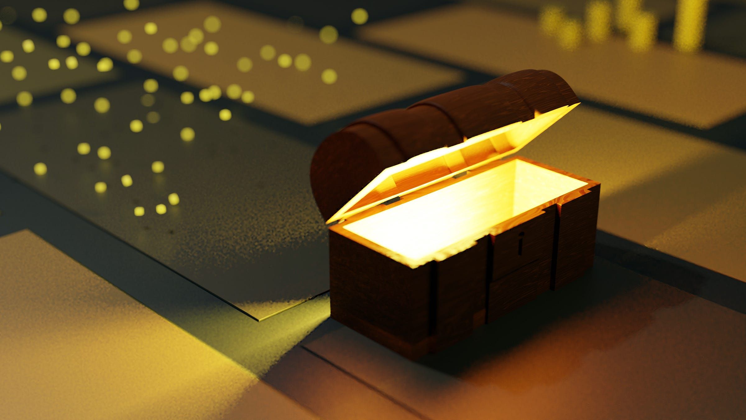 Open glowing treasure chest with floating lights