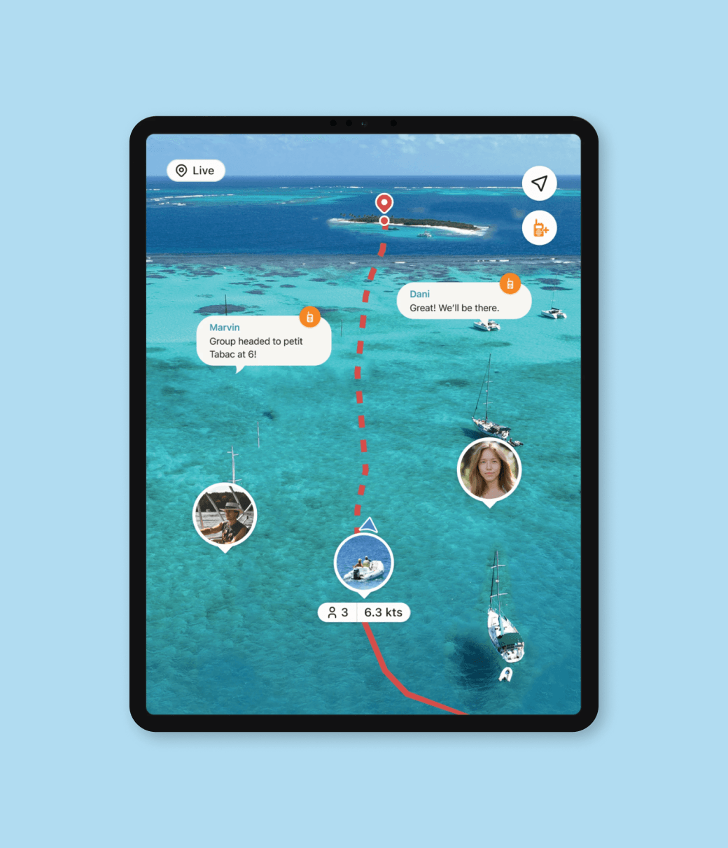 Tablet mockup showing the SeaPeople app with a live route across turquoise water, pinned destination, and group chat messages