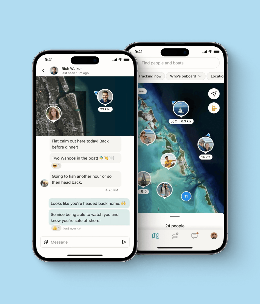 SeaPeople app screens showing a chat conversation alongside a live boating map