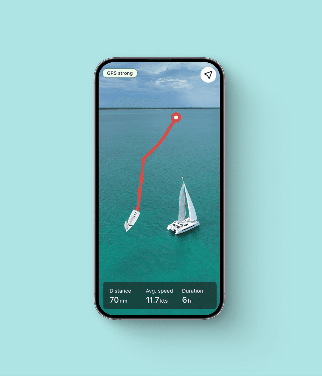 SeaPeople trip screen showing a recorded sailing route with distance, average speed, and duration