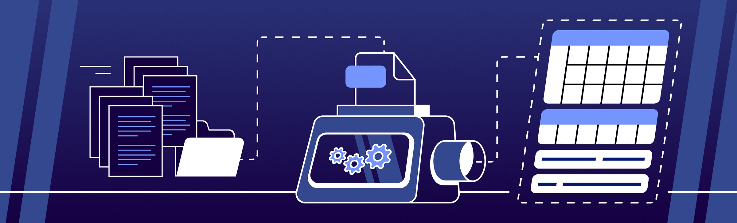 Documents feeding into a machine with gears and producing structured specification tables
